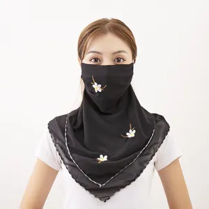 Summer sun protection face mask black chiffon embroidered floral outdoor cycling veil detail view