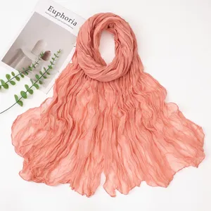 Solid color crinkled chiffon scarf women lightweight summer sun protection shawl wrap detail