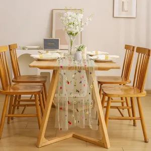 Camino de mesa de malla de lujo ligero francés con margaritas bordadas para decoración