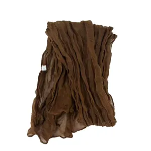 Solid brown pleated narrow long scarf for women, lightweight sheer voile fabric, versatile daily wear.