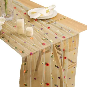 Camino de mesa de malla bordada de lujo francés, elegante decoración floral para comedor.