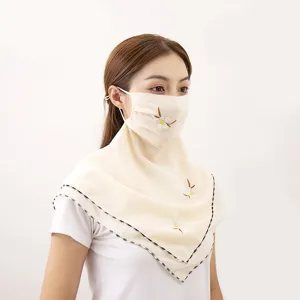 Summer sun protection face mask veil chiffon floral embroidery breathable UV block scarf