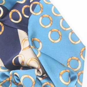 Blue silk twilly scarf narrow long ribbon for bag hair accessory elegant print design