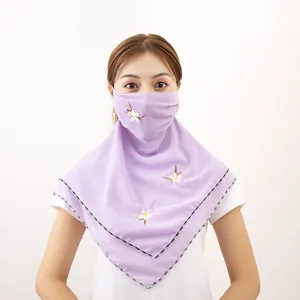 Close-up view of the purple chiffon face mask with delicate white floral embroidery details.