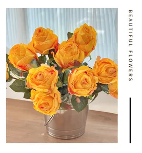 Artificial silk burnt-edge rose bouquet in metal pot for home decor and photo props.