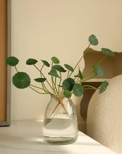 Close-up detail of artificial pennywort plant in clear glass vase for minimalist home decor.