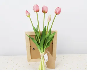 Artificial pink tulip bouquet detail, realistic silicone floral decor for home and party.