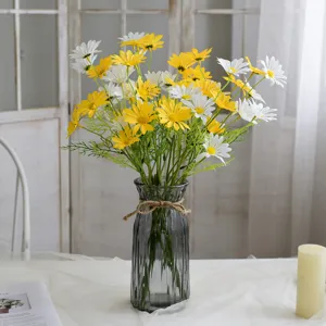 Artificial daisy flowers bouquet in grey glass vase, fake silk chamomile for home decor main image
