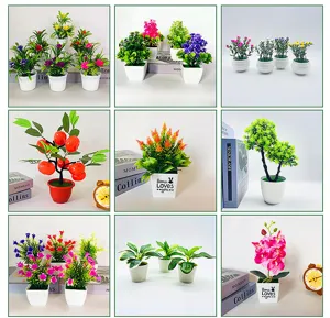 Wholesale artificial potted plants and fake flowers green decor small bonsai ornaments detail view.