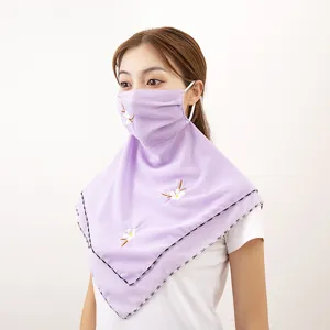 Purple chiffon sun protection face mask with floral embroidery for outdoor riding and cycling.