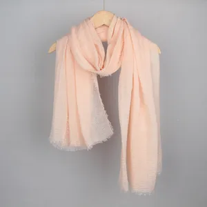 Foulard froissé en coton et lin pour femme, châle rose uni pour usage quotidien