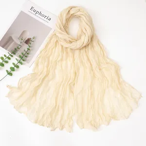 Solid color crinkled lightweight scarf for women, versatile summer sun protection shawl.