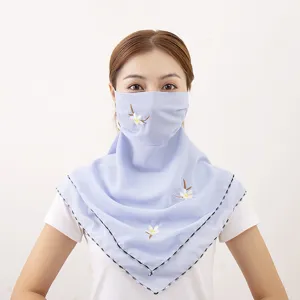 Light blue floral embroidered sun protection face mask, soft chiffon neck gaiter detail view.