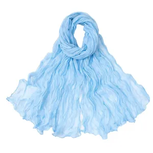 Light blue crinkled voile scarf for women, solid color versatile summer sun protection shawl.