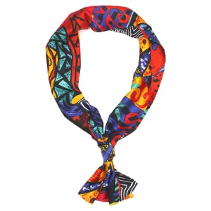 Colorful abstract print narrow silk scarf for women, elegant neckerchief and bag ribbon accessory.