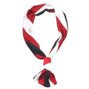 Stylish red, white and black striped narrow silk scarf for women, perfect for neck, hair or bag.