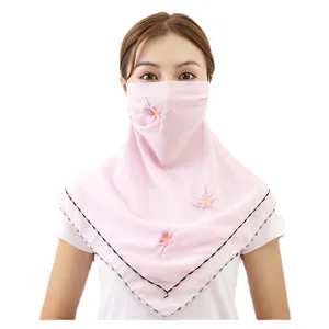 Summer sun protection face veil chiffon floral embroidered triangle scarf breathable outdoor mask