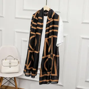 Cotton linen long scarf with geometric print, stylish black and brown shawl for women all season