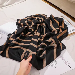 Cotton linen geometric print scarf, long spring autumn shawl, versatile and breathable design.