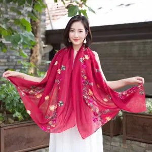 Embroidery cotton linen scarf detail, ethnic style floral shawl for travel and daily wear.