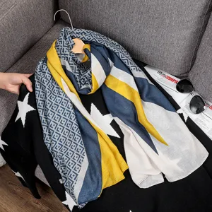 Cotton linen scarf for women, summer stylish long geometric shawl and versatile scarf.