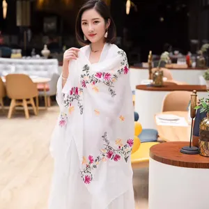 Cotton linen embroidered ethnic style scarf shawl with colorful floral design for travel.