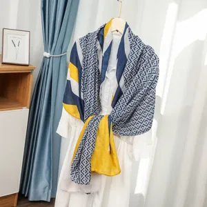 Cotton linen scarf women spring summer versatile geometric long shawl fashion stylish wrap design
