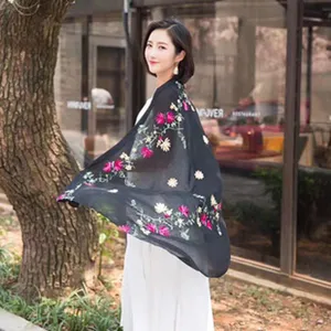 Bohemian Ethnic Floral Embroidered Polyester Scarf Women Travel Sun Protection Long Shawl Fashion Neckwear