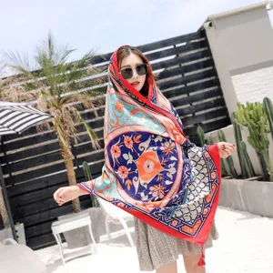 Ethnic floral print scarf fringe sun protection shawl beach towel for travel vacation