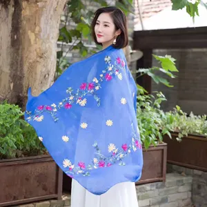 Blue embroidered linen scarf shawl ethnic style photo prop accessory elegant floral design women wear