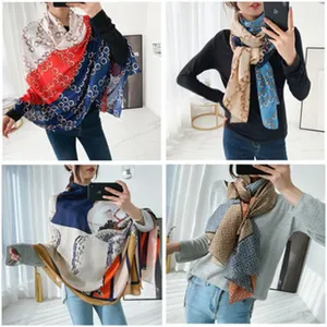 Women fashion printed silk scarf luxury style chain shawl elegant neckerchief wrap