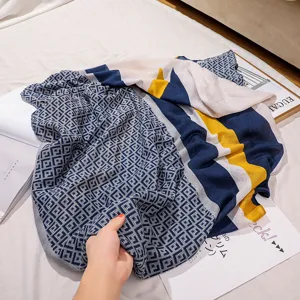 Cotton linen scarf women spring fashion long shawl blue geometric pattern wrap soft