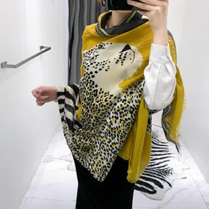 Yellow leopard face print women scarf shawl, bohemian ethnic travel wrap detail view.