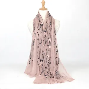Women Long Linen Scarf Floral Embroidery Vintage Shawl Breathable Sun Protection