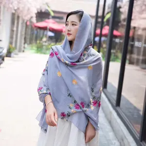 Cotton linen embroidered ethnic shawl scarf for women, elegant floral design travel accessory.