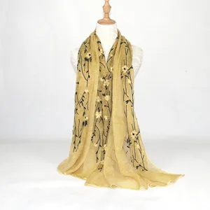 Mustard yellow cotton linen scarf with black floral embroidery, long vintage literary shawl.
