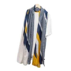 Fashion linen cotton scarf shawl for women, long geometric striped design for spring summer.