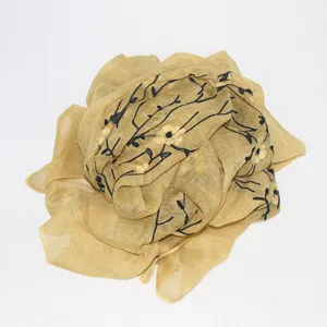 Women's vintage linen embroidered scarf, elegant long floral design sun protection gauze wrap.