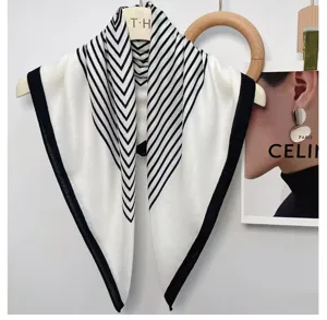 Classic black and white chevron square scarf, elegant geometric print women neckerchief.