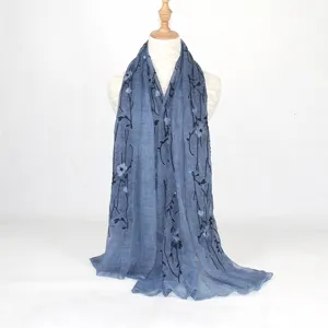 Blue cotton linen long scarf with black floral embroidery, vintage literary style sunshade wrap.