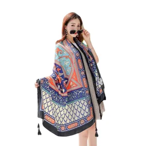 Ethnic style printed tassel sun protection shawl women lightweight beach scarf travel wrap accessory