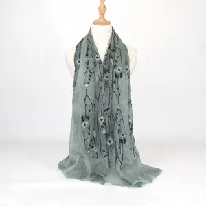 Cotton linen floral embroidered long scarf for women, literary style sun protection wrap.