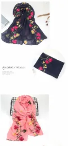 Detailed view of women bohemian embroidered cotton linen scarf featuring colorful floral patterns.
