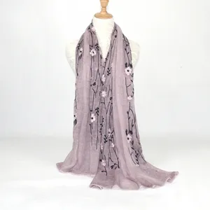 Linen embroidered long scarf, vintage floral style, elegant sun protection shawl.