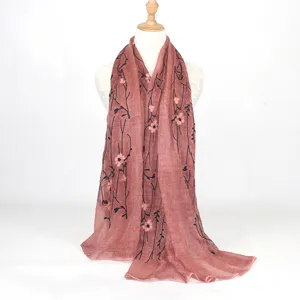 Women floral embroidered linen cotton scarf long vintage style shawl sun protection wrap.