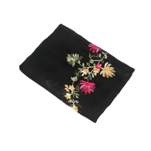 Black cotton linen embroidered shawl ethnic floral scarf for women travel accessories gift.