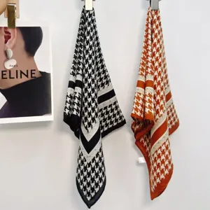 Women Fashion Satin Square Scarf Printed Geometric Houndstooth Neckerchief Stylish Chic Daily Commute Head Scarf