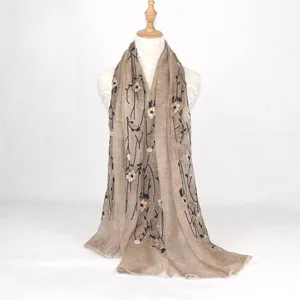 Women long linen cotton scarf vintage floral embroidery shawl wrap neckerchief sunscreen