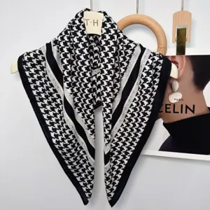 Classic houndstooth square scarf for women, soft faux silk wool feel neck scarf accessory.
