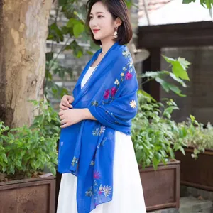 Blue embroidered linen shawl bohemian floral scarf for women travel sun protection